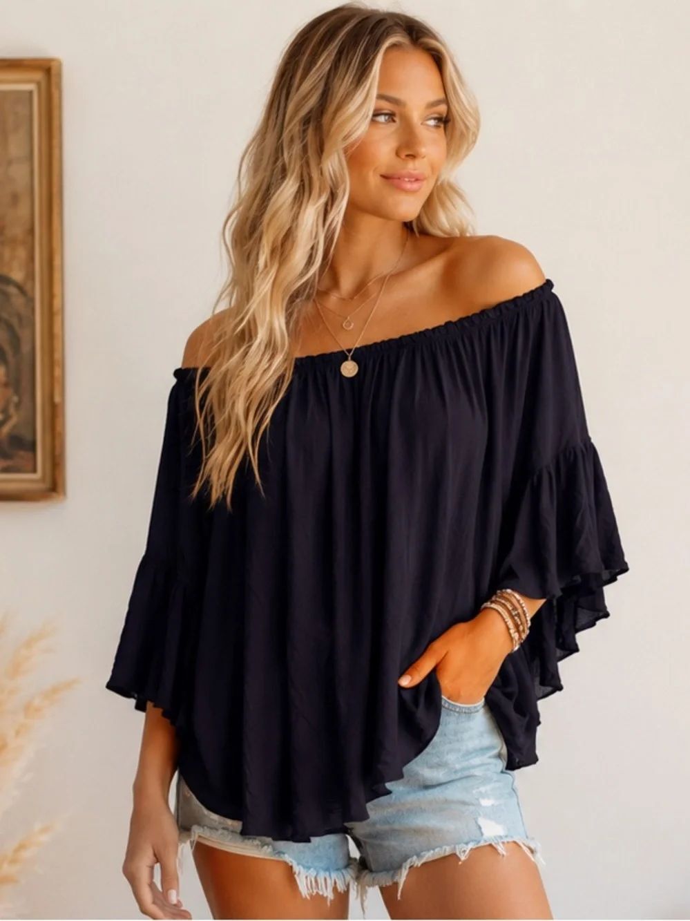 Elan Off-Shoulder Ruffled Sleeve Top in Black